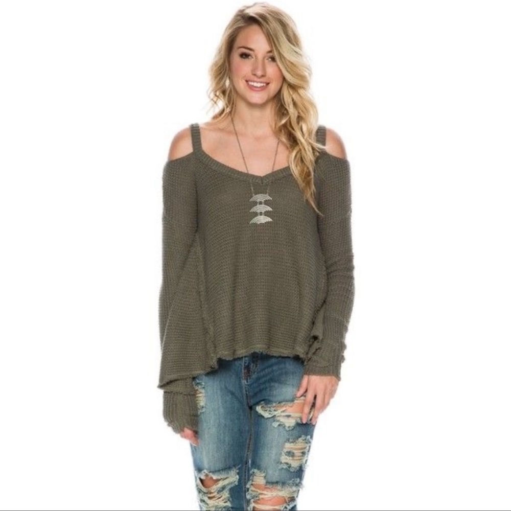 Free People Cold Shoulder 100% Cotton Distressed Thermal Knit Top Green Medium